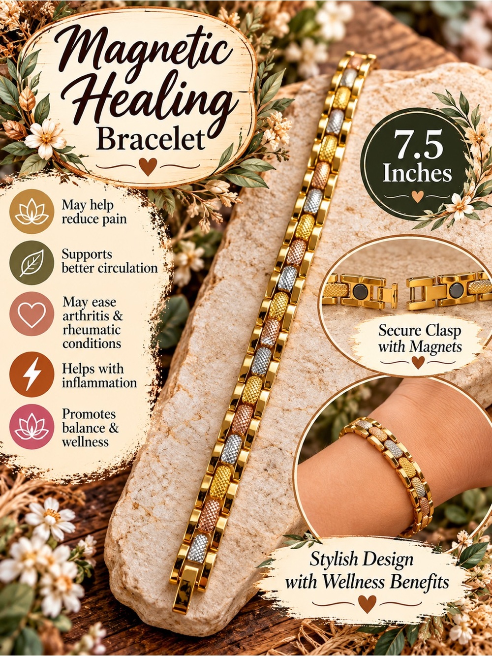 Gold Tri-Tone Magnetic Healing Bracelet - Elegant Wellness Link (7.5")